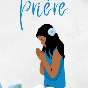 couleur gris et bleu, jeune fille avec une fleure bleu dans les cheveux, à genoux en train de prier.