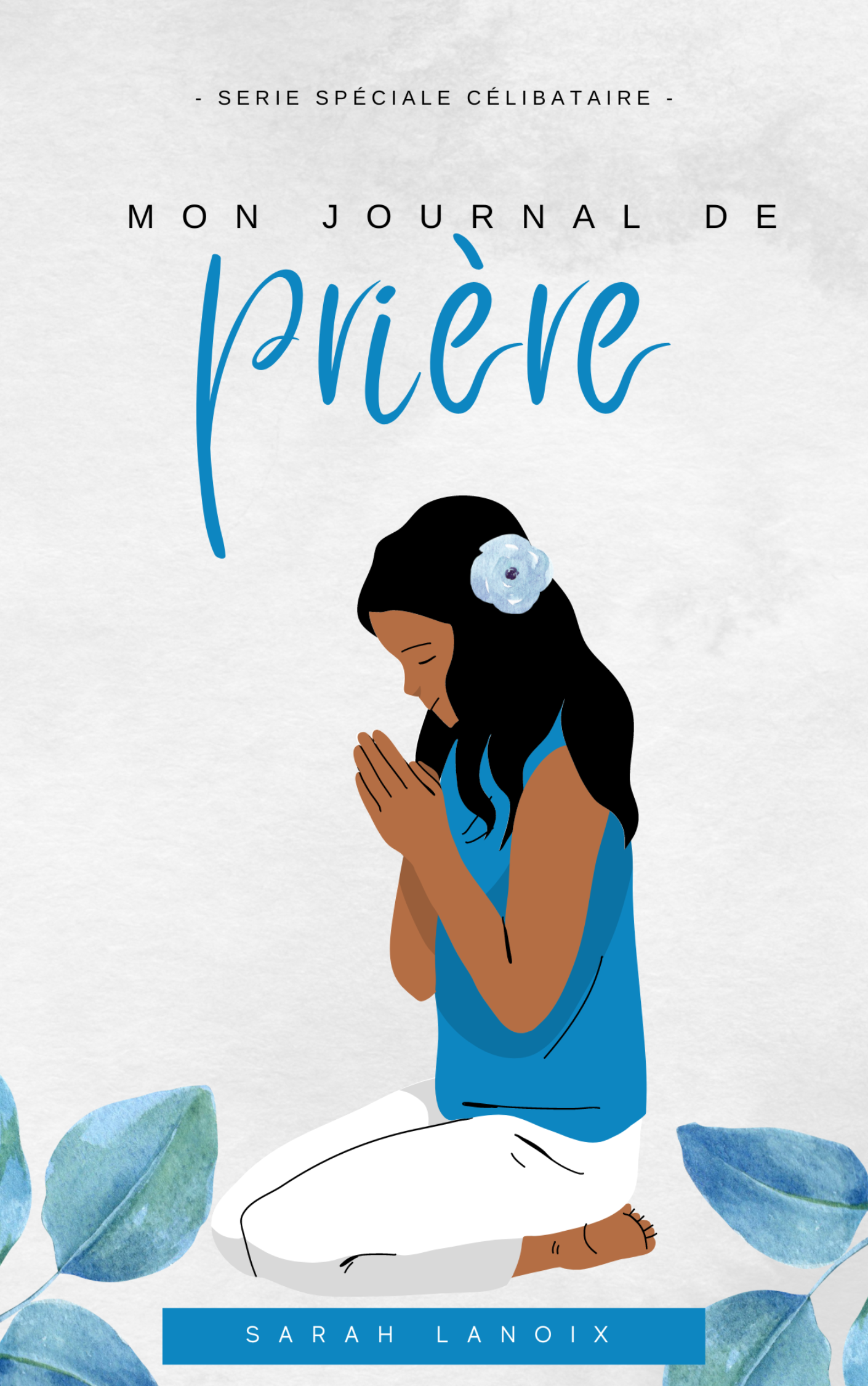 couleur gris et bleu, jeune fille avec une fleure bleu dans les cheveux, à genoux en train de prier.